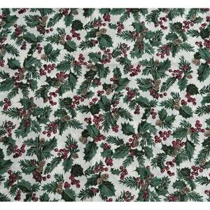 Christmas Holly Ivy Pinecones Metallic Gold Fabric Cream Cotton Xmas Remnant